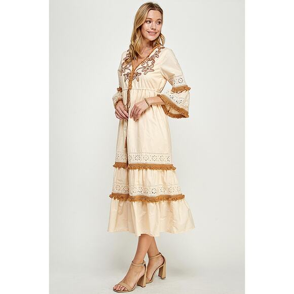 See And Be Seen Boho Eyelet Cotton Tassel Fringe Trim Midi Dress MEDIUM - Picture 4 of 8